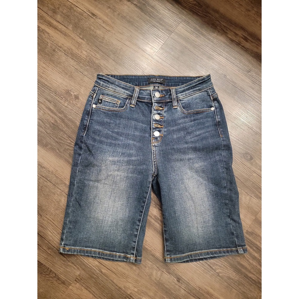 Judy Blue High Waist Button Fly Bermuda Denim Shorts Dark Wash Size M